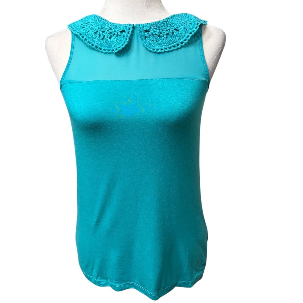 NWT Kensie Aqua Crochet Collar Mesh Tank Top Peter Pan Lace Sleeveless Womens XS
